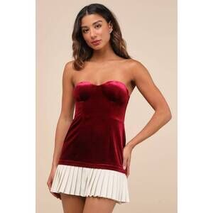 Lulus Elevated Invite Wine Red Velvet Strapless Mini Dress - Size XS